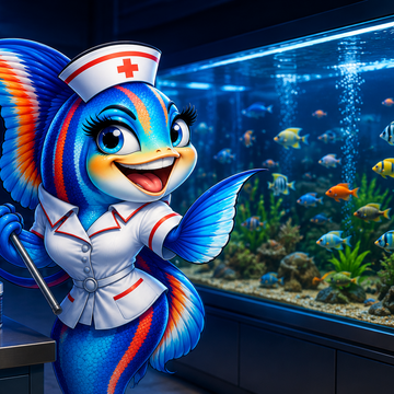 A stylized blue fish character dressed as a nurse stands in front of a large aquarium, holding a net, with medicine bottles and a red cross box on a counter nearby. The scene is a digitally illustrated clinic-like environment with colorful fish in the tank.